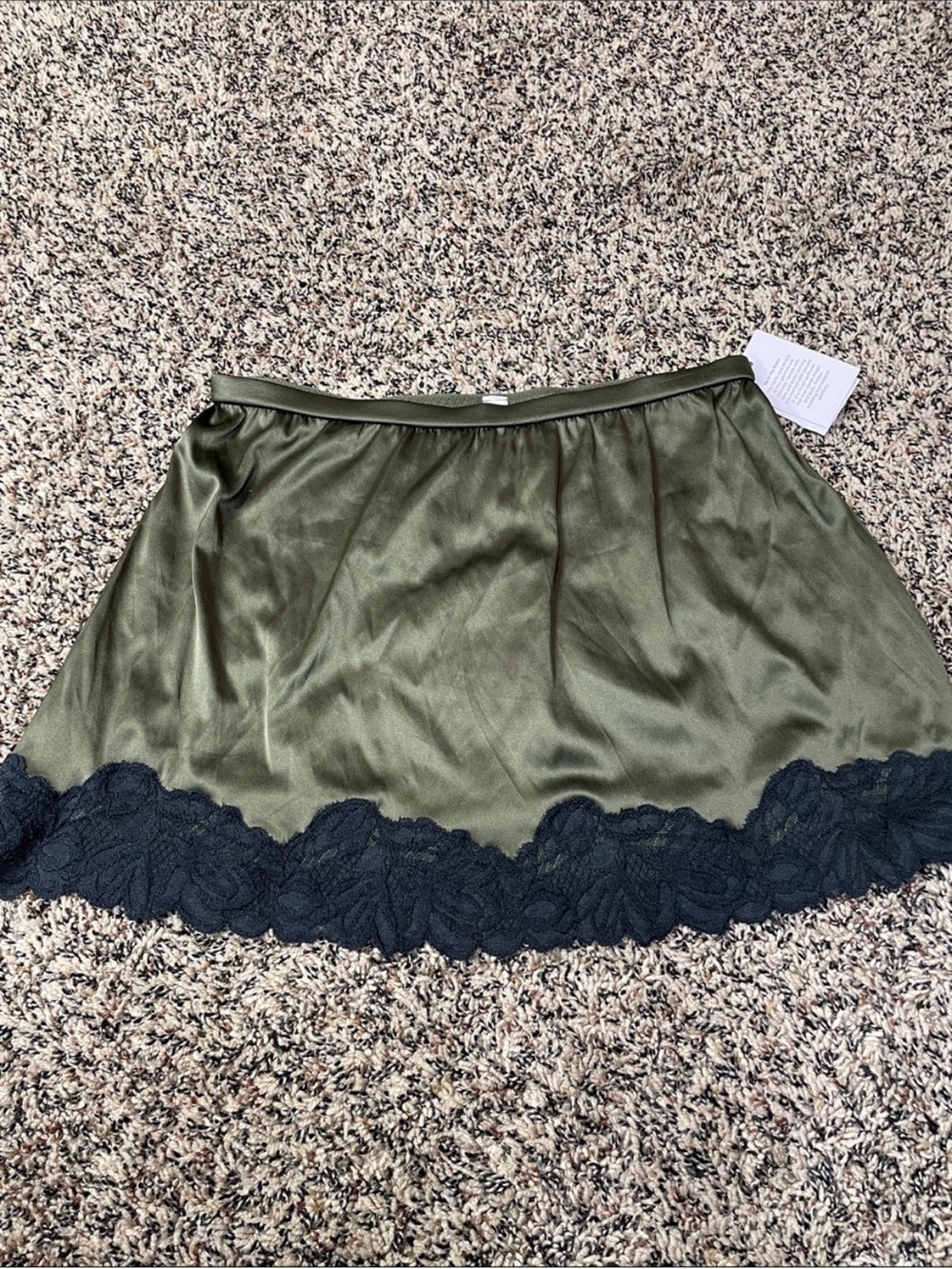 Auden Intimates Olive Green Satin Half Slip Black Lace Trim Mini Skirt XS NWT